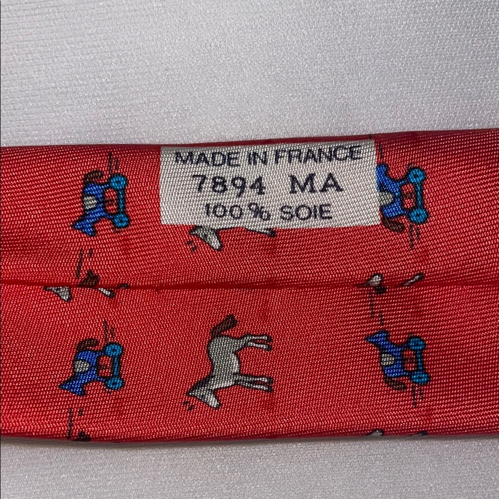 Hermes Red and Blue Silk Tie with Pony and Rocking Horse Design - Picture 4 of 6